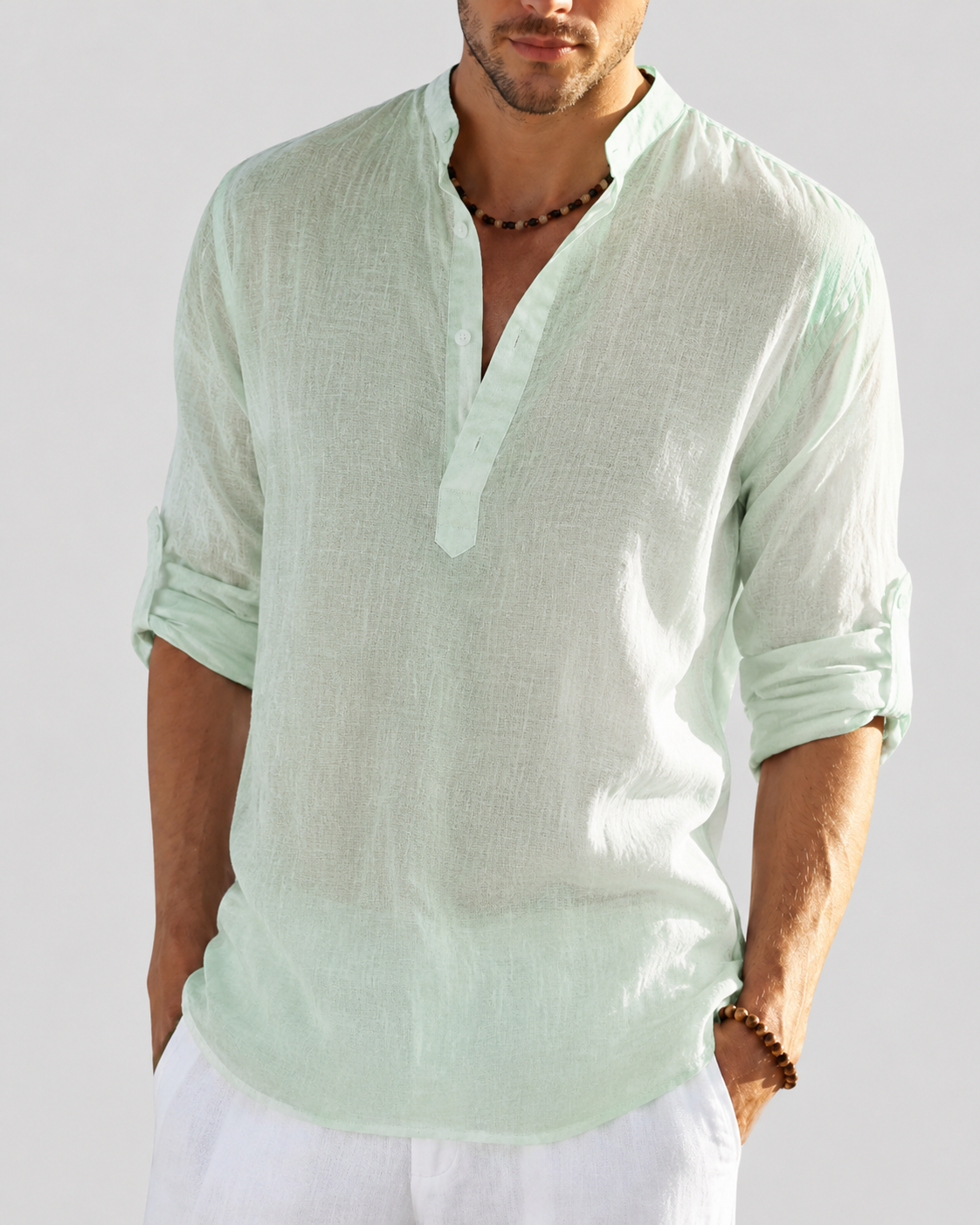 Men's open collar shirt with long sleeves and relaxed fit, lightweight breathable fabric