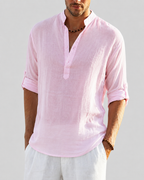 Men's open collar shirt with long sleeves and relaxed fit, lightweight breathable fabric