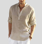 Men's open collar shirt with long sleeves and relaxed fit, lightweight breathable fabric