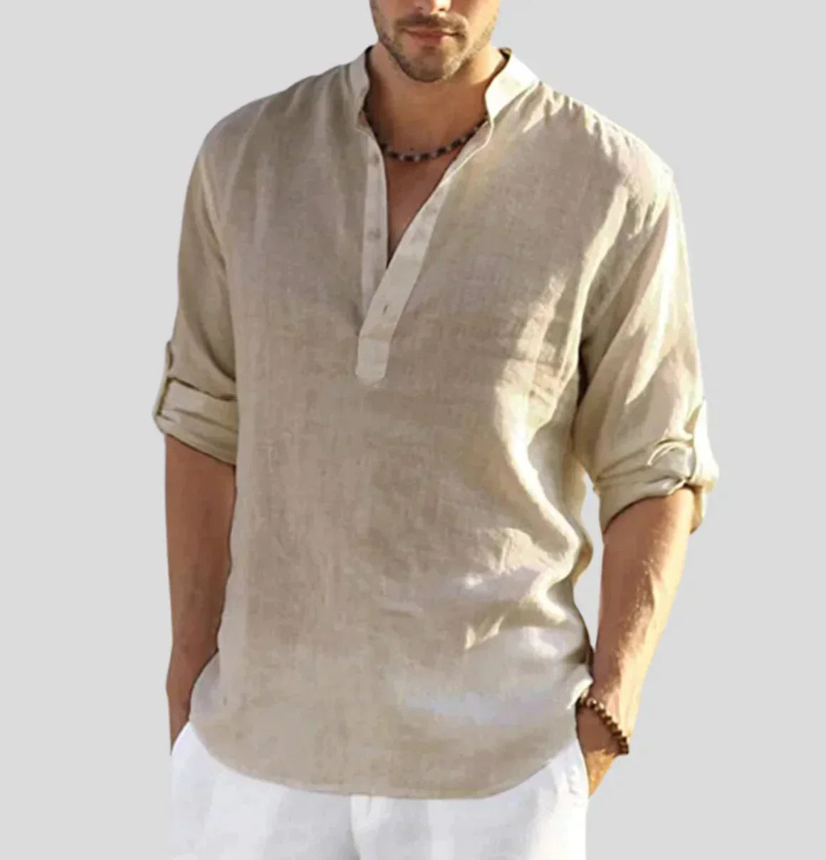 Men's open collar shirt with long sleeves and relaxed fit, lightweight breathable fabric