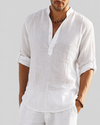 Men's open collar shirt with long sleeves and relaxed fit, lightweight breathable fabric
