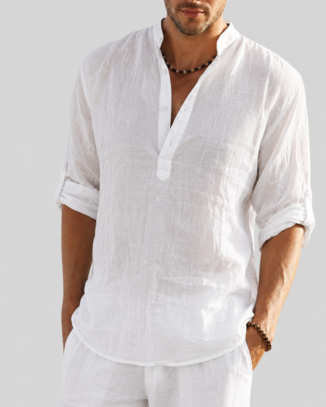 Men's open collar shirt with long sleeves and relaxed fit, lightweight breathable fabric