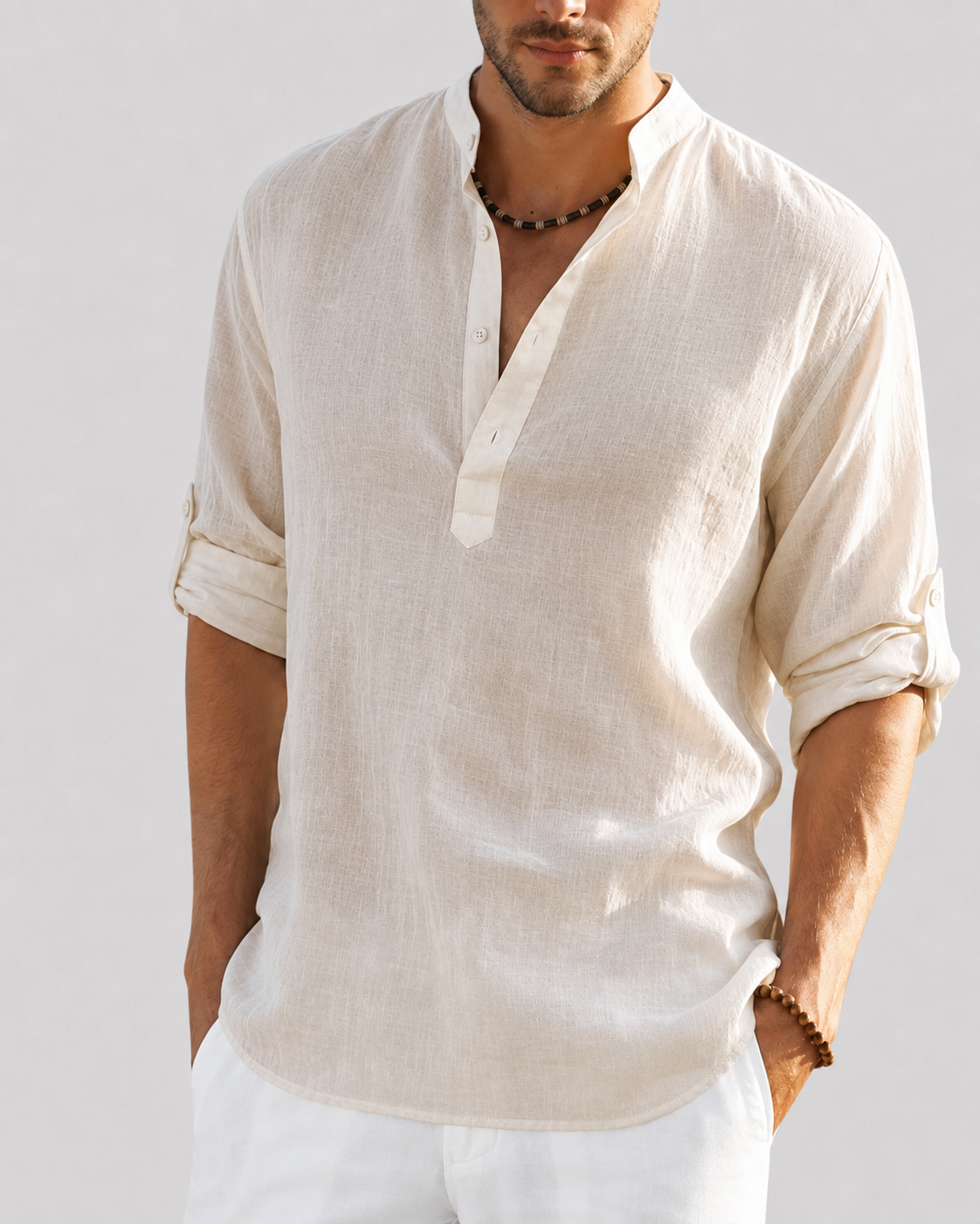 Men's open collar shirt with long sleeves and relaxed fit, lightweight breathable fabric