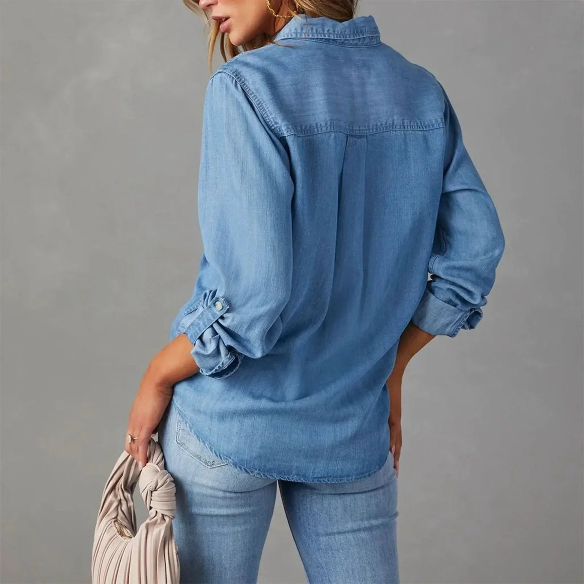 Women denim shirt classic fit in blue, cotton button-up top