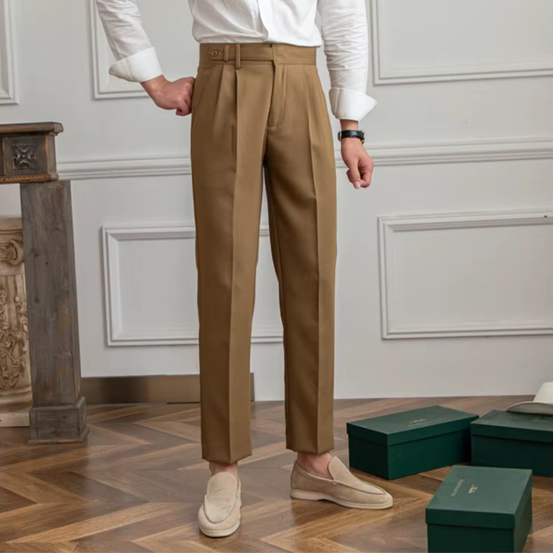 Men pleated high waist chino trousers in classic tailored fit