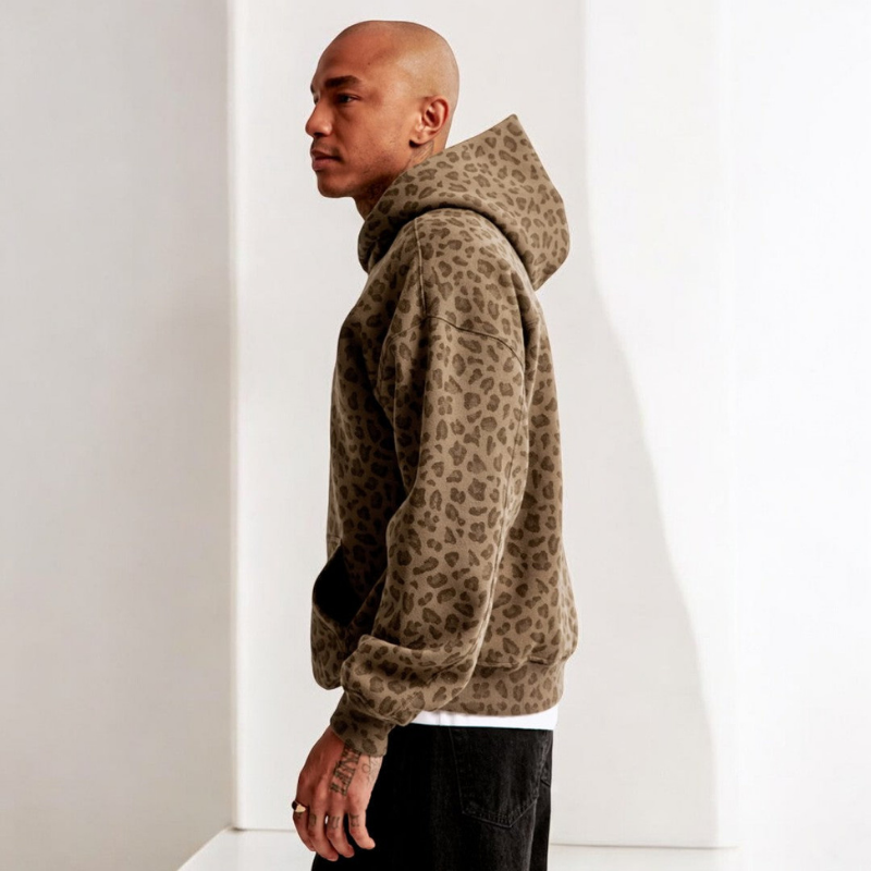 Men oversized leopard print hoodie with kangaroo pocket and adjustable drawstring