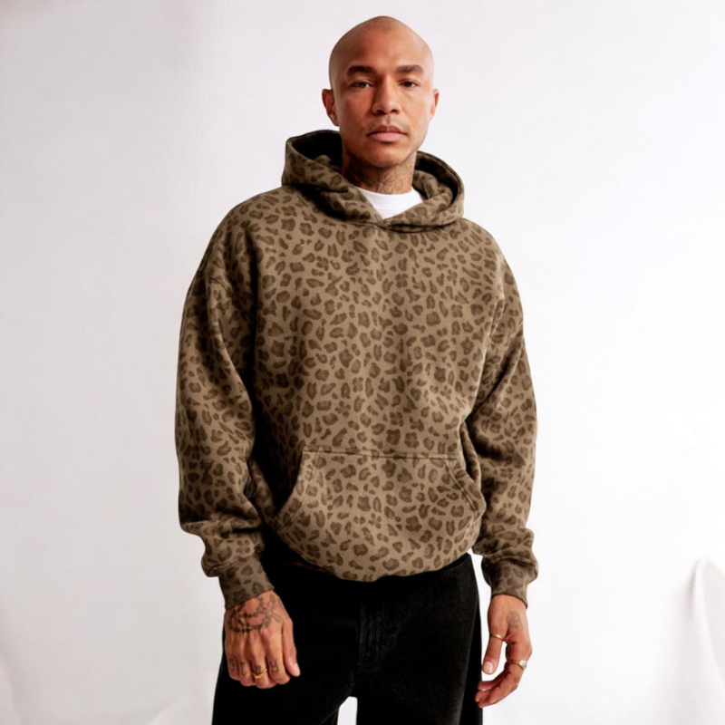 Men oversized leopard print hoodie with kangaroo pocket and adjustable drawstring