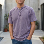 Men henley shirt raglan short sleeve with button neckline vintage wash