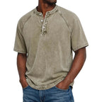 Men henley shirt raglan short sleeve with button neckline vintage wash