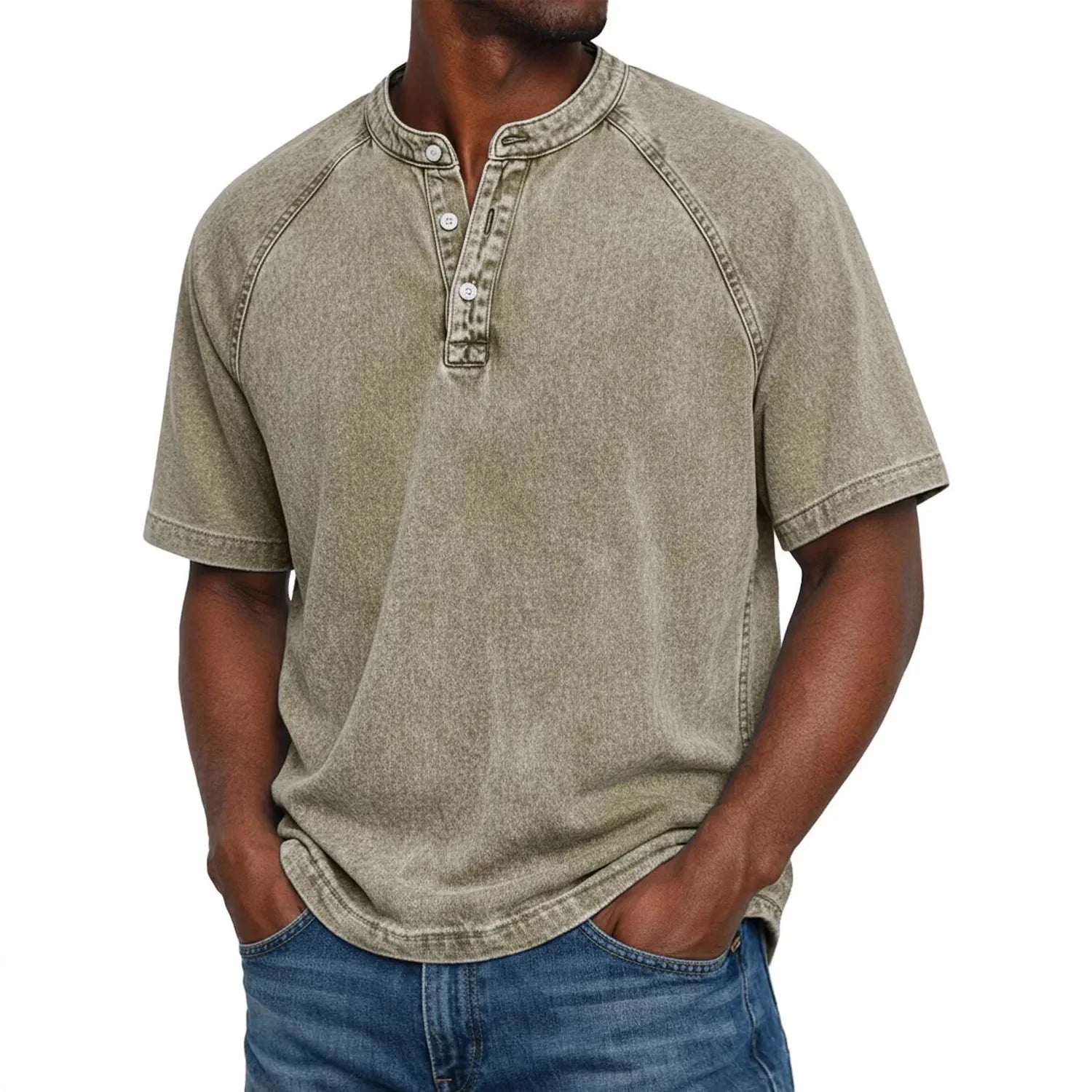 Men henley shirt raglan short sleeve with button neckline vintage wash