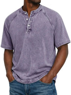 Men henley shirt raglan short sleeve with button neckline vintage wash
