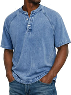 Men henley shirt raglan short sleeve with button neckline vintage wash