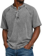 Men henley shirt raglan short sleeve with button neckline vintage wash