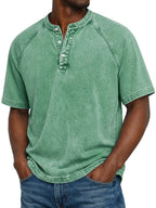 Men henley shirt raglan short sleeve with button neckline vintage wash