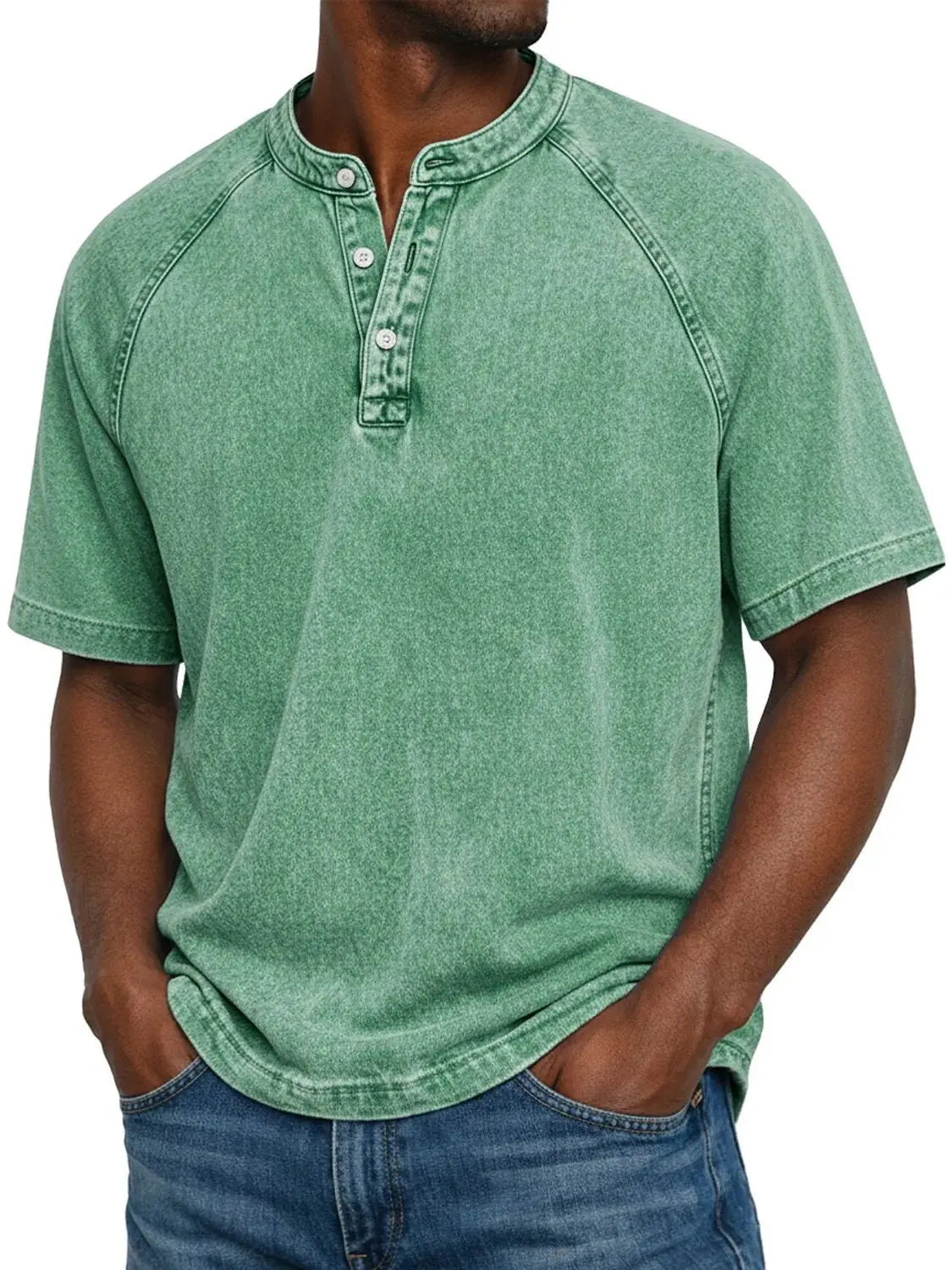 Men henley shirt raglan short sleeve with button neckline vintage wash