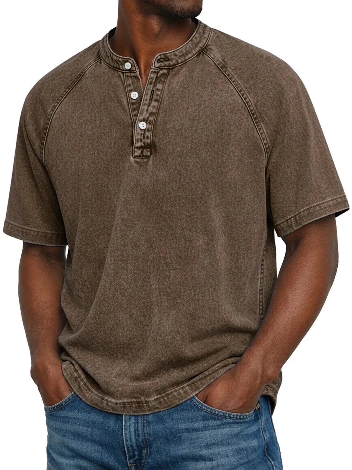 Men henley shirt raglan short sleeve with button neckline vintage wash