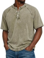 Men henley shirt raglan short sleeve with button neckline vintage wash