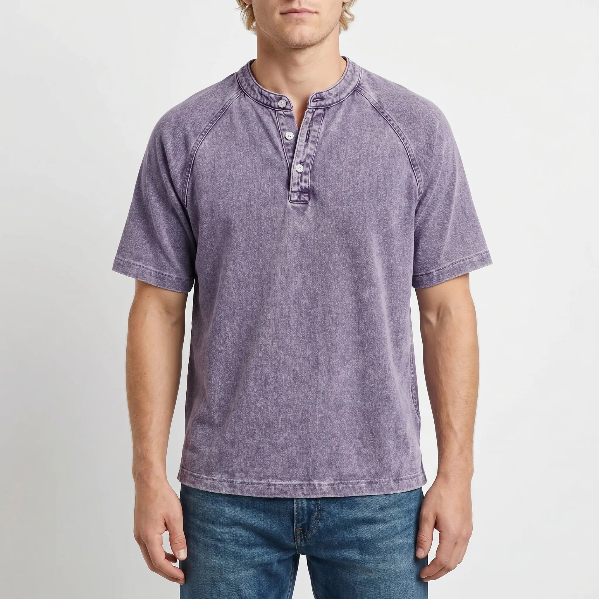 Men henley shirt raglan short sleeve with button neckline vintage wash