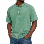 Men henley shirt raglan short sleeve with button neckline vintage wash