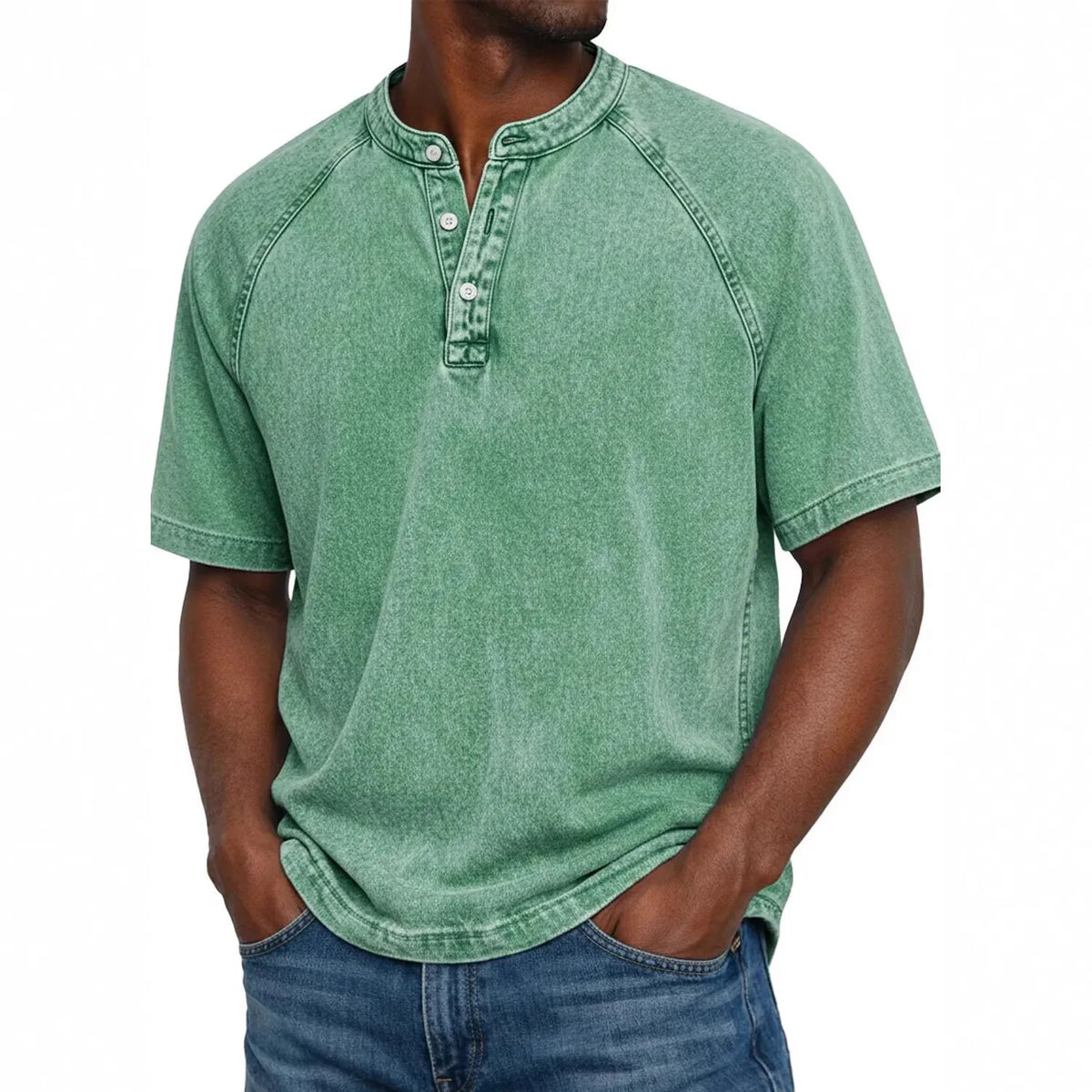Men henley shirt raglan short sleeve with button neckline vintage wash