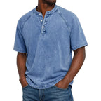 Men henley shirt raglan short sleeve with button neckline vintage wash