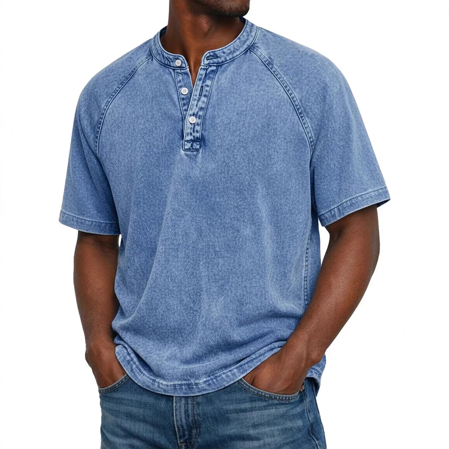 Men henley shirt raglan short sleeve with button neckline vintage wash