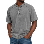 Men henley shirt raglan short sleeve with button neckline vintage wash