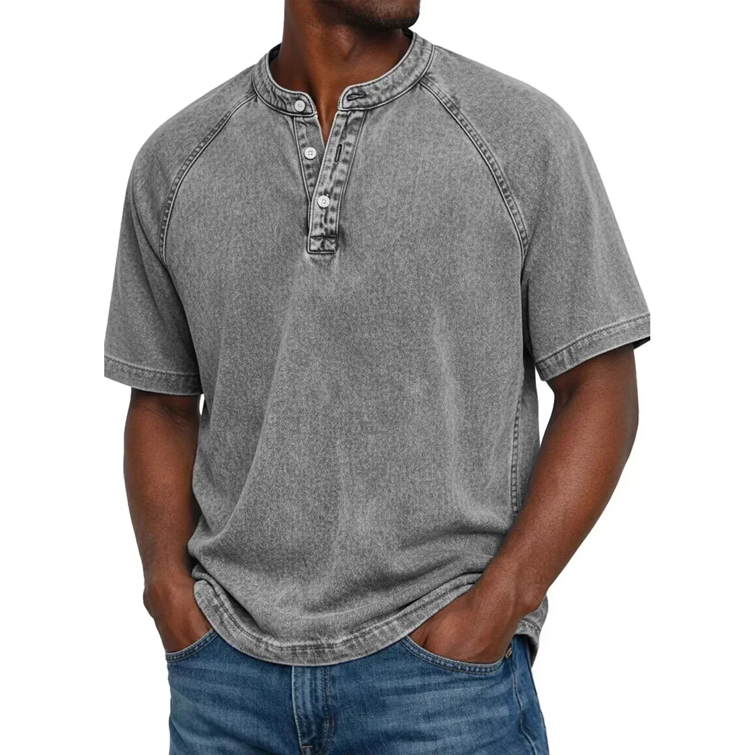 Men henley shirt raglan short sleeve with button neckline vintage wash