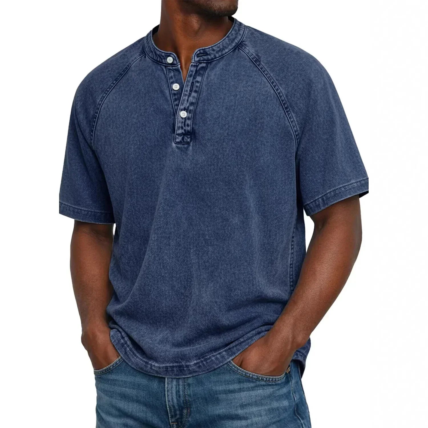 Men henley shirt raglan short sleeve with button neckline vintage wash