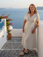 Women midi dress V neck short sleeve cross waist detail striped