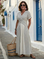 Women midi dress V neck short sleeve cross waist detail striped