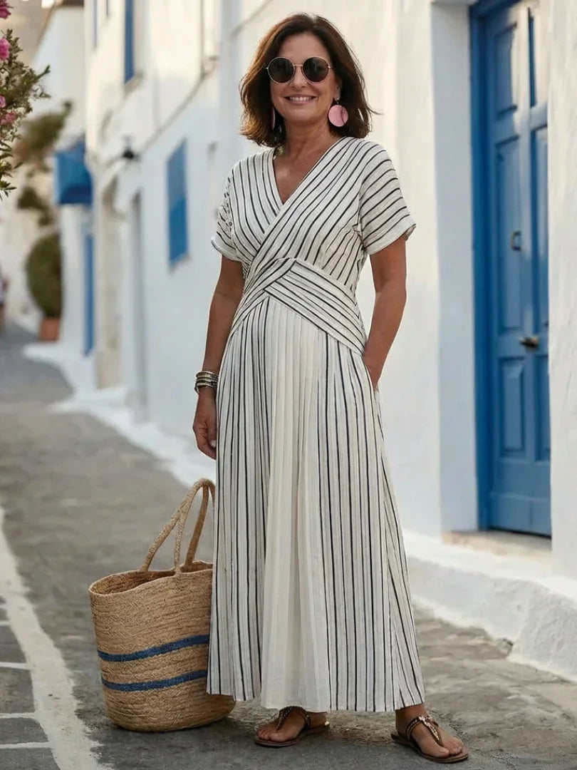 Women midi dress V neck short sleeve cross waist detail striped