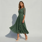 Cocktail Dress Women Midi Length Layered Tulle Lace Sheer Sleeve