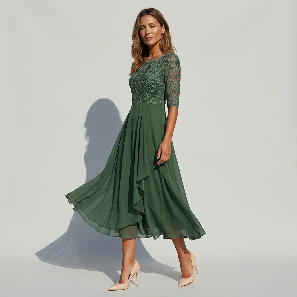 Cocktail Dress Women Midi Length Layered Tulle Lace Sheer Sleeve