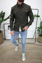 Men's button-up shirt jacket with chest pockets, casual overshirt