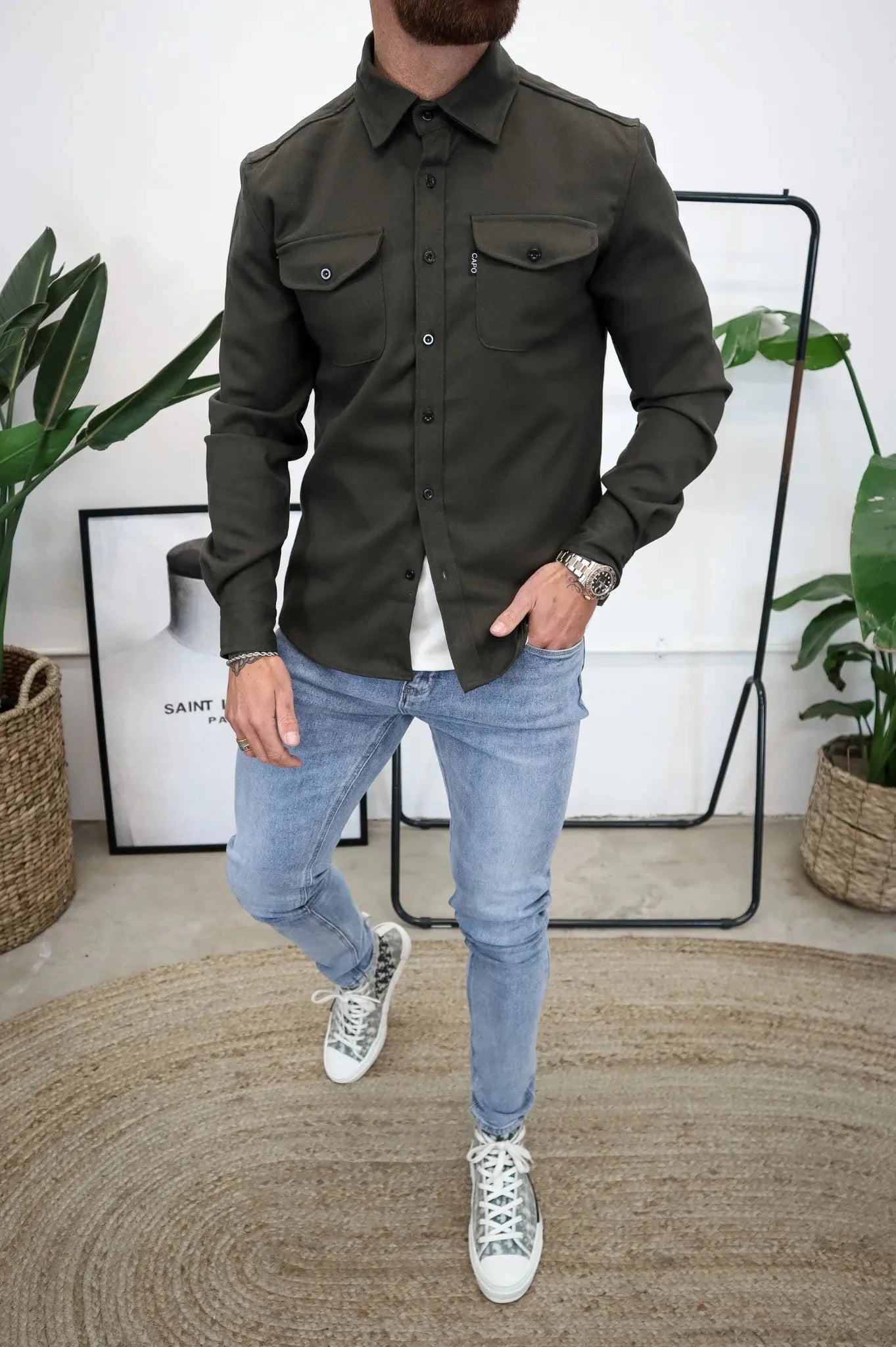 Men's button-up shirt jacket with chest pockets, casual overshirt