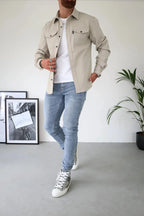 Men's button-up shirt jacket with chest pockets, casual overshirt