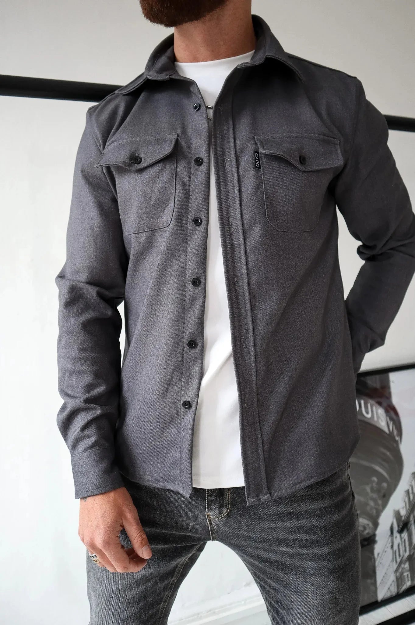 Men's button-up shirt jacket with chest pockets, casual overshirt