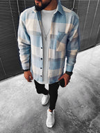 Men's blue plaid button-up shirt shacket regular fit check pattern
