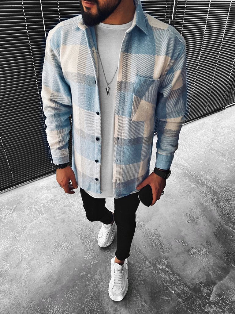 Men's blue plaid button-up shirt shacket regular fit check pattern