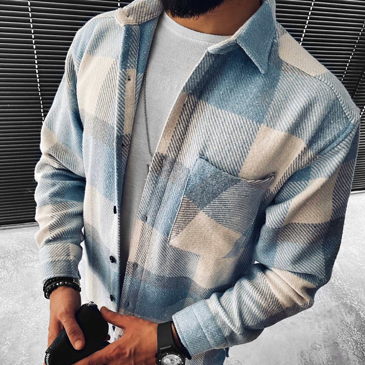 Men's blue plaid button-up shirt shacket regular fit check pattern