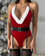 Women red velvet bodysuit with faux-fur V neckline and garter belt holiday festive