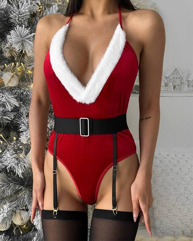 Women red velvet bodysuit with faux-fur V neckline and garter belt holiday festive