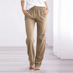 Women cotton linen trousers relaxed fit with elastic waist