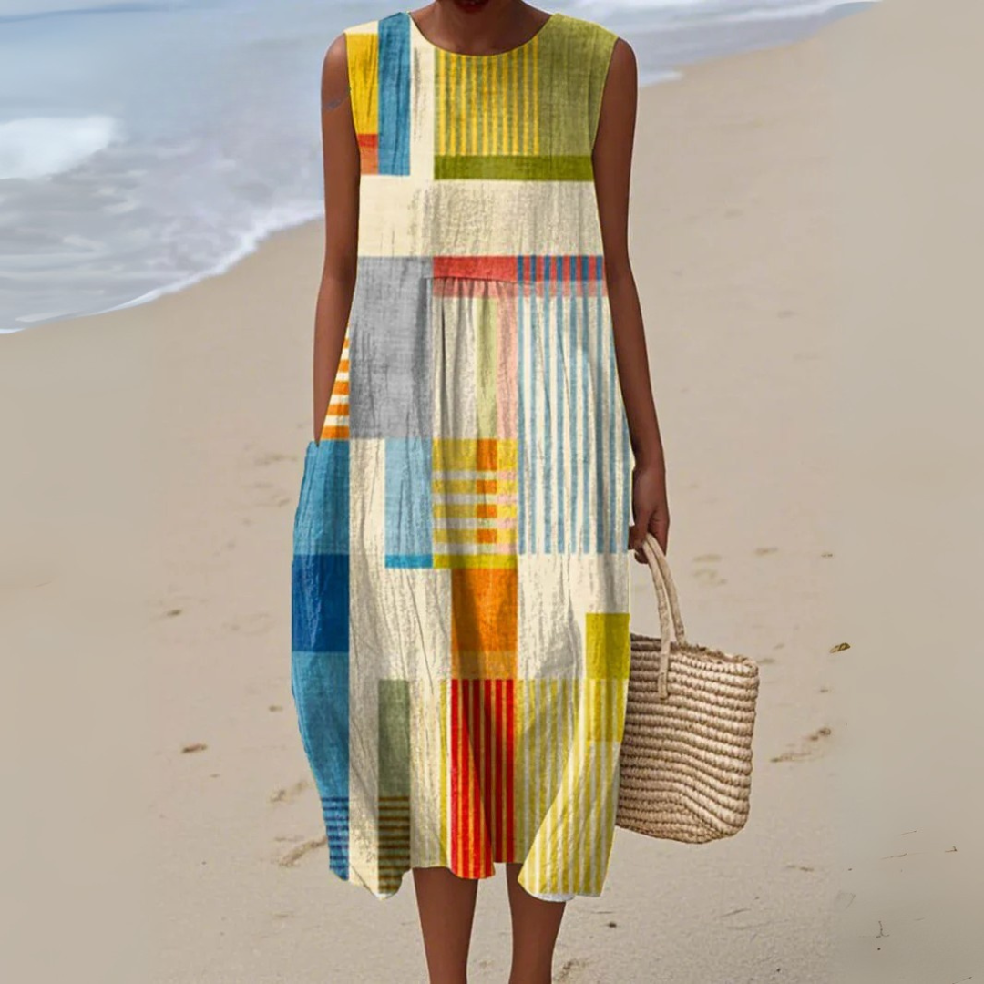 Women's sleeveless summer dress with vibrant geometric multicolor print, A-line fit