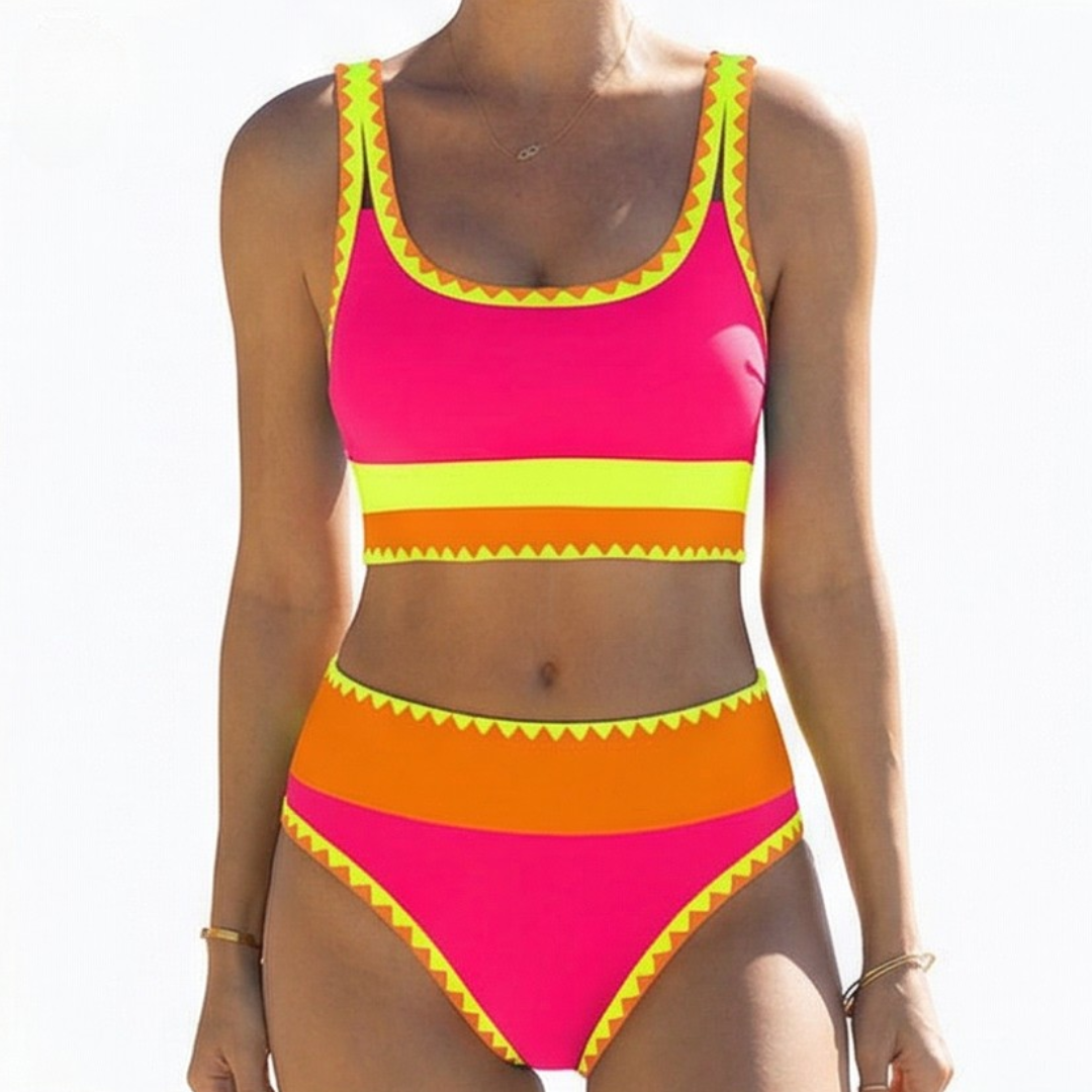 Women 3 Piece Bikini Set Color Block Sporty Zigzag Trim | Faye