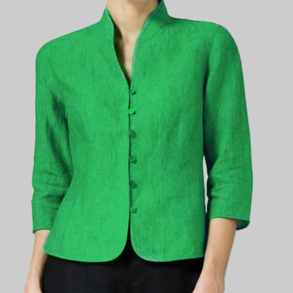 Women's stand-collar blouse with button-front placket and three-quarter sleeves