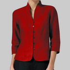 Women's stand-collar blouse with button-front placket and three-quarter sleeves