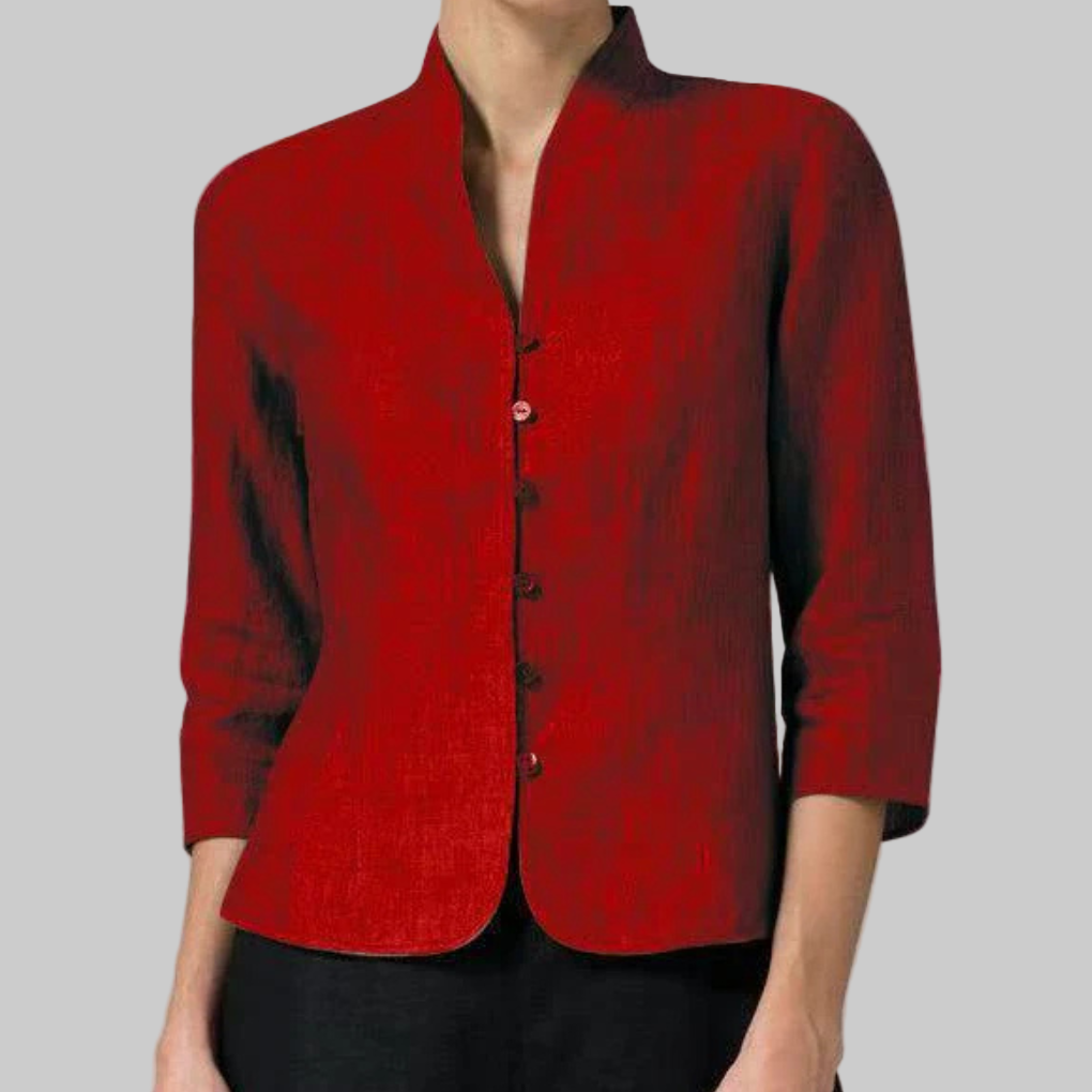 Women's stand-collar blouse with button-front placket and three-quarter sleeves