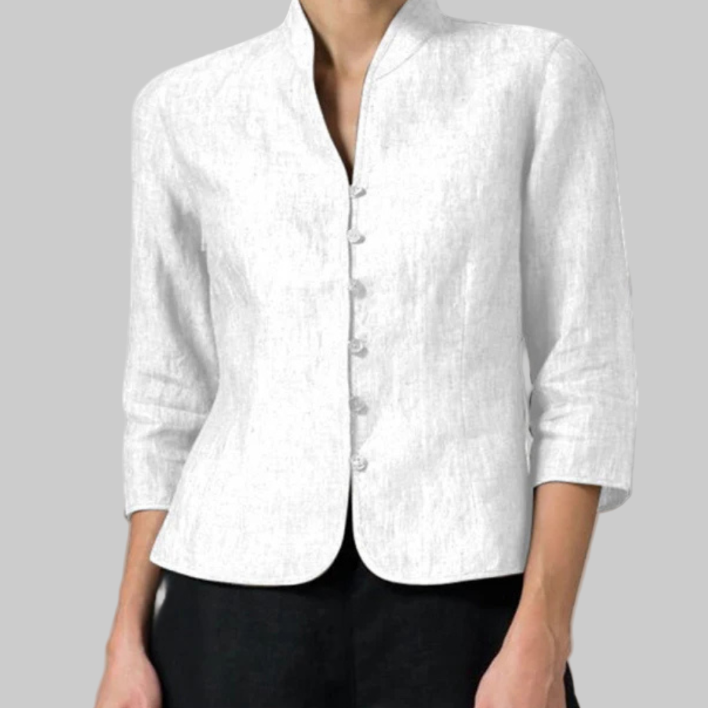 Women's stand-collar blouse with button-front placket and three-quarter sleeves